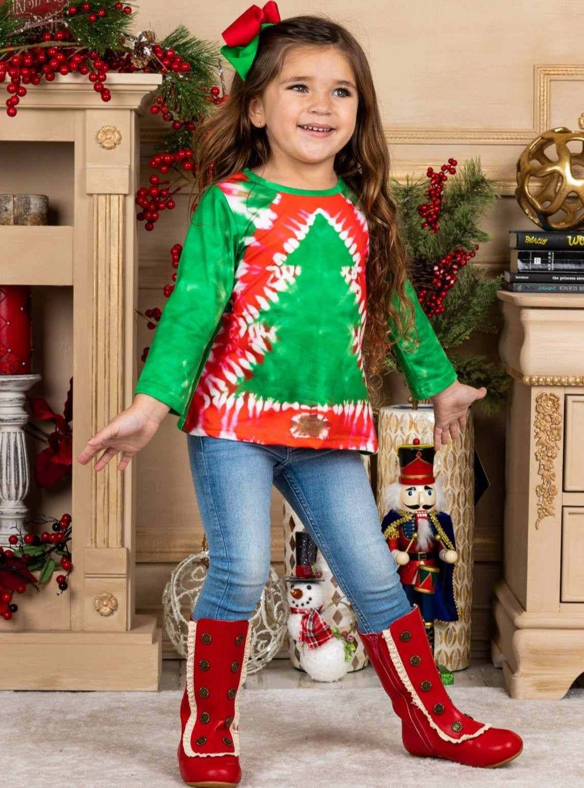 Cute Winter Tops | Girls Long Sleeve Tie Dye Christmas Tree Print Top ...