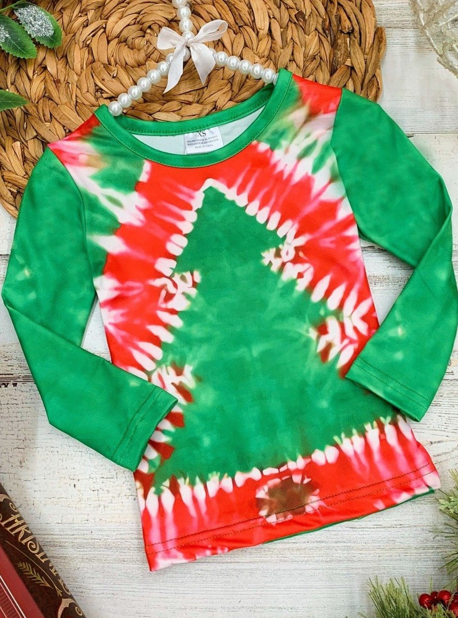 Cute Winter Tops | Girls Long Sleeve Tie Dye Christmas Tree Print Top