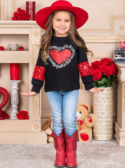 Kids Valentine's Tops | Girls Sequin Heart Long Sleeve Graphic Top