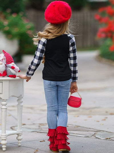 Toddler Valentine's Tops | Little Girls Plaid Raglan Sleeve Love Top