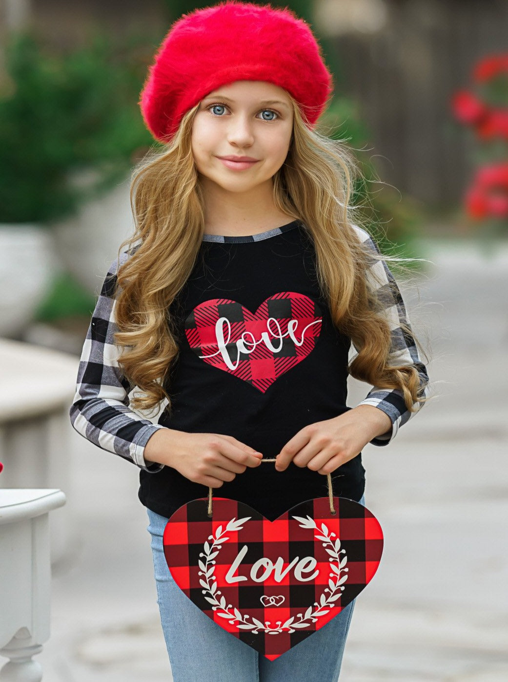 Toddler Valentine's Tops | Little Girls Plaid Raglan Sleeve Love Top