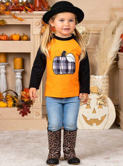 Girls Plaid Pumpkin Raglan Top orange with black sleeves