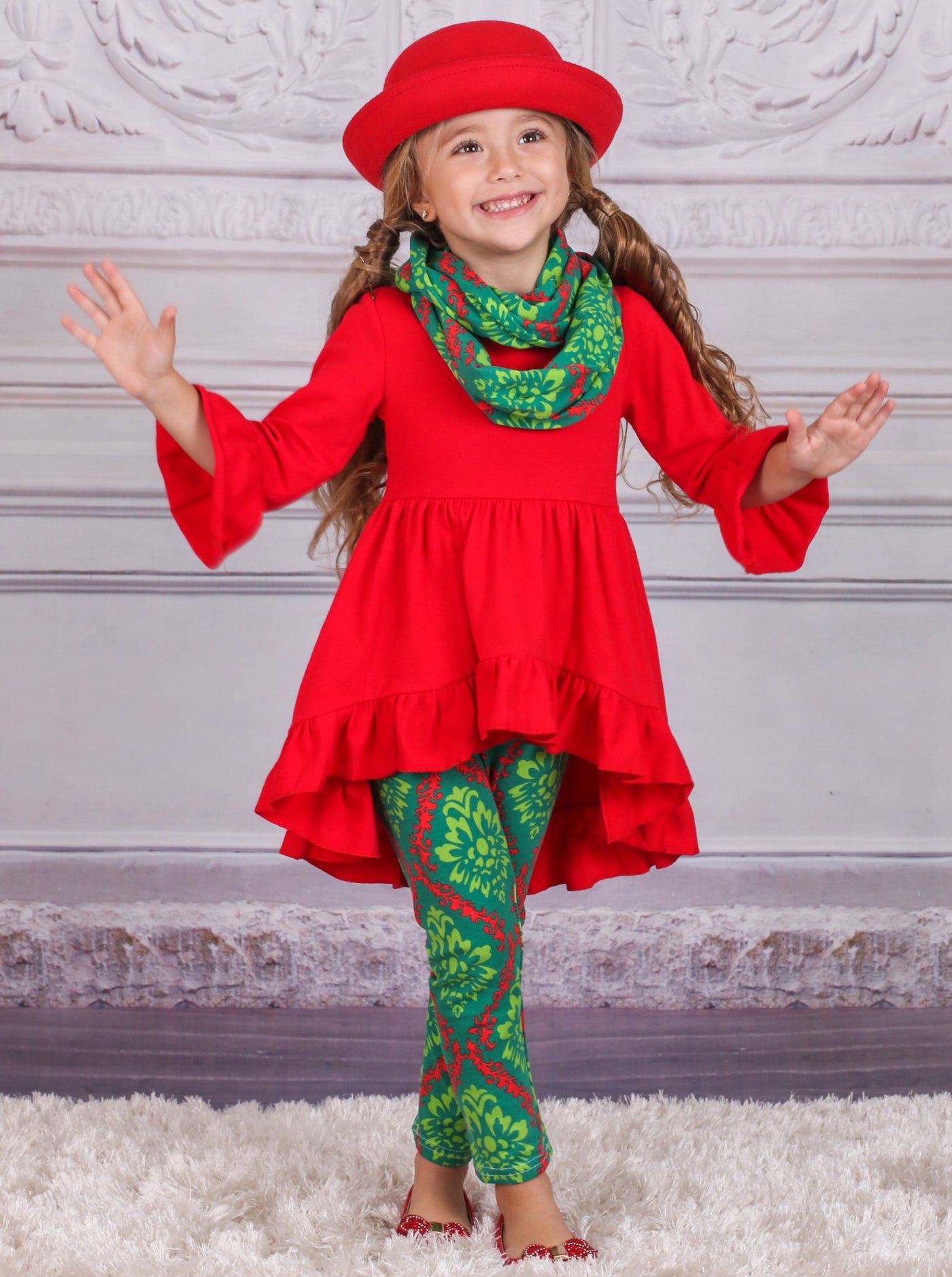 Girls Red Ruffled Tunic And Green And Red Christmas Leggings + Scarf Set