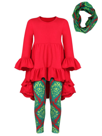 Girls Red Ruffled Tunic And Green And Red Christmas Leggings + Scarf Set