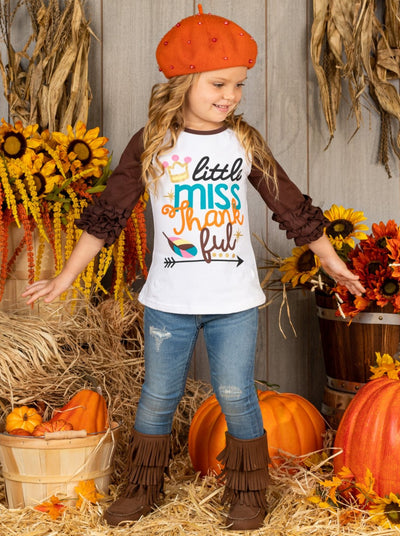Girls "Little Miss Thankful" Graphic Raglan Top with 3/4 Ruffled Sleeves