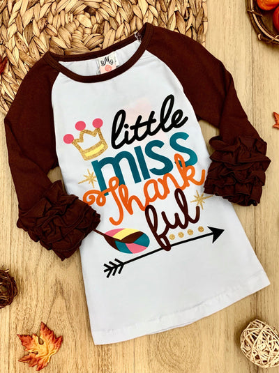 Girls "Little Miss Thankful" Graphic Raglan Top with 3/4 Ruffled Sleeves