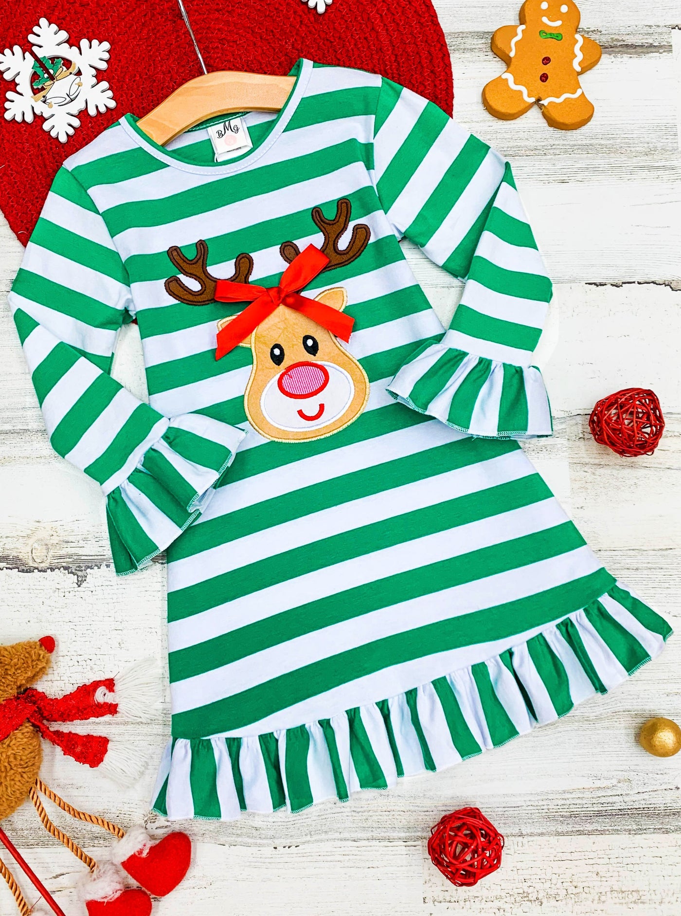 Cute Christmas Dresses | Little Girls Rudolph Striped Ruffled Dress