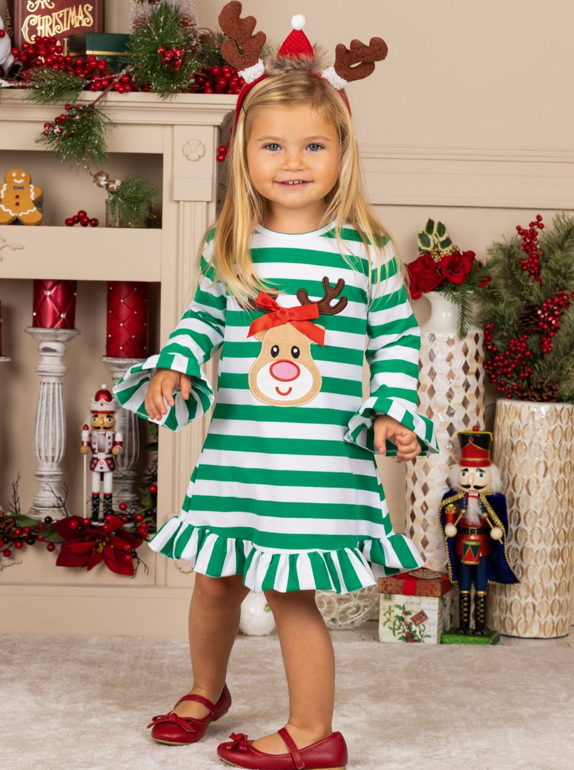 Cute Christmas Dresses | Little Girls Rudolph Striped Ruffled Dress