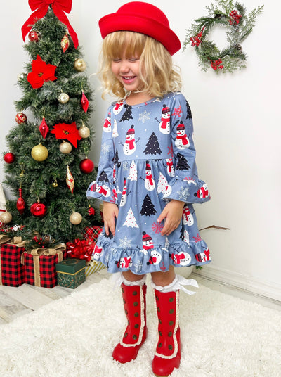 Toddler Clothing Sale | Girls Winter Print Long Sleeve Ruffle Dress
