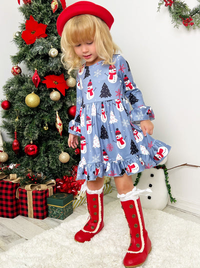 Toddler Clothing Sale | Girls Winter Print Long Sleeve Ruffle Dress
