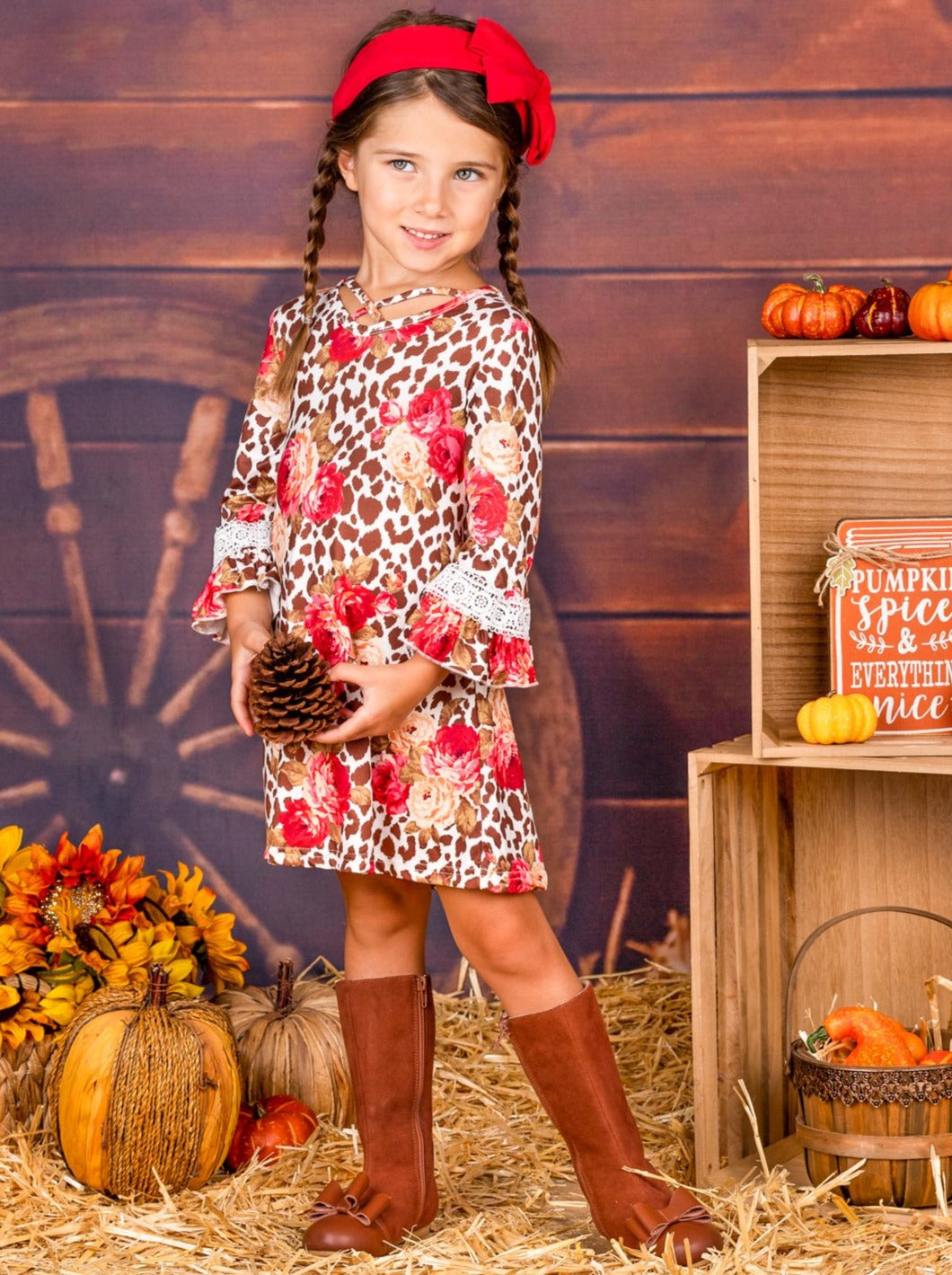 Girls Animal Print Floral Crochet Ruffled Long Sleeve Dress Brown