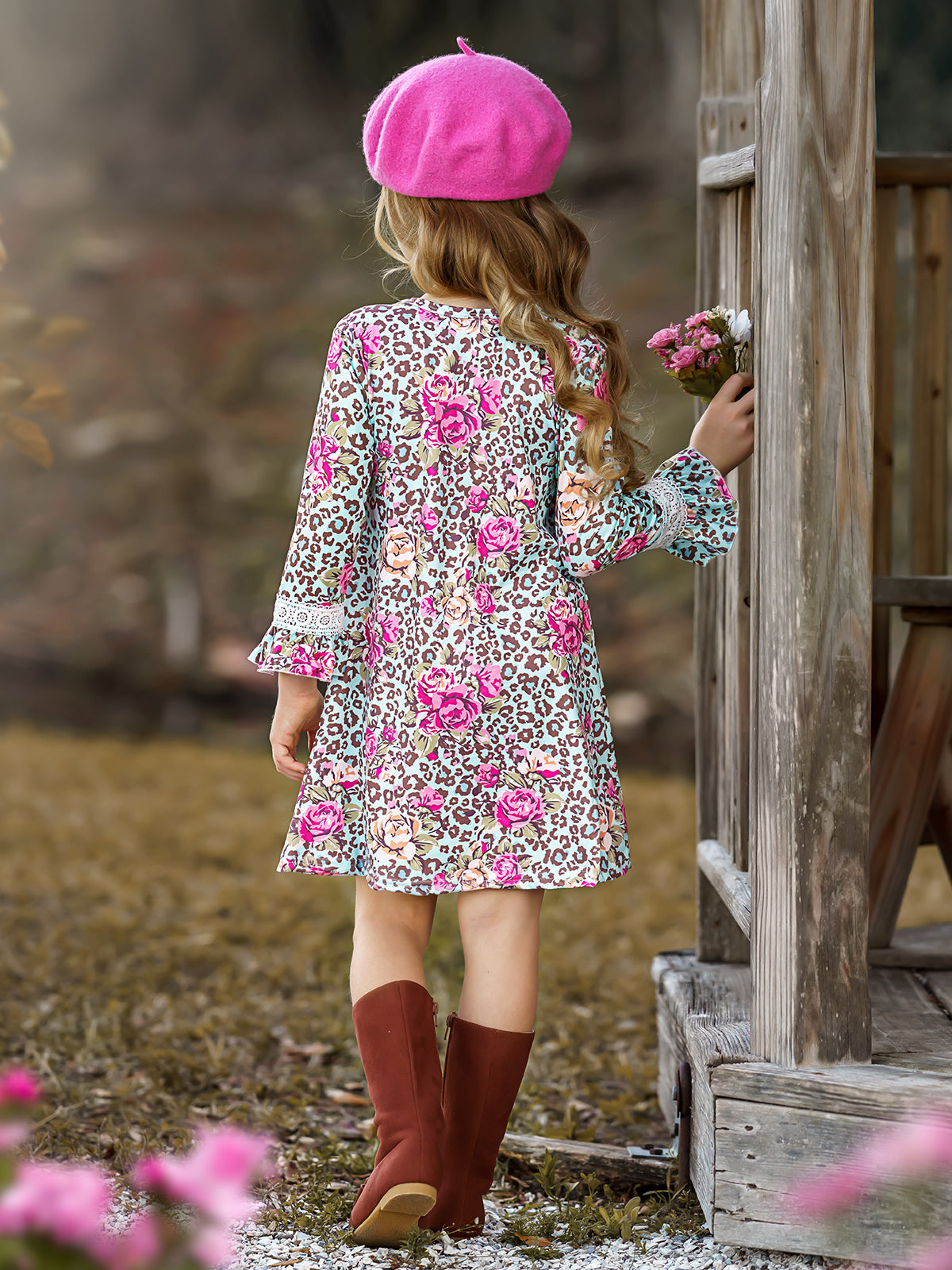 Girls Animal Print Floral Crochet Ruffled Long Sleeve Dress Mint