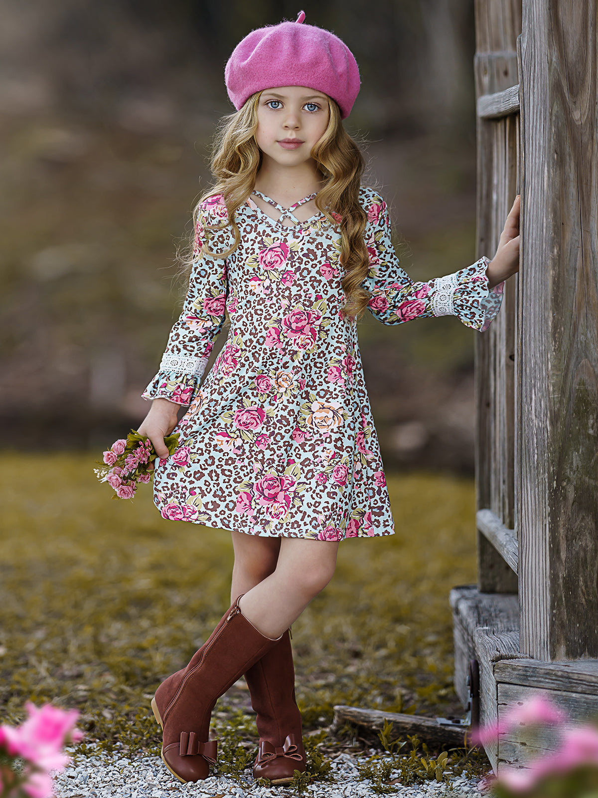 Mia Belle Girls Animal Print Floral Crochet Ruffled Long Sleeve Dress