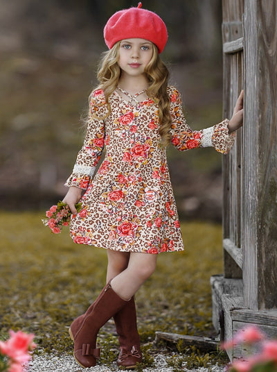 Girls Animal Print Floral Crochet Ruffled Long Sleeve Dress