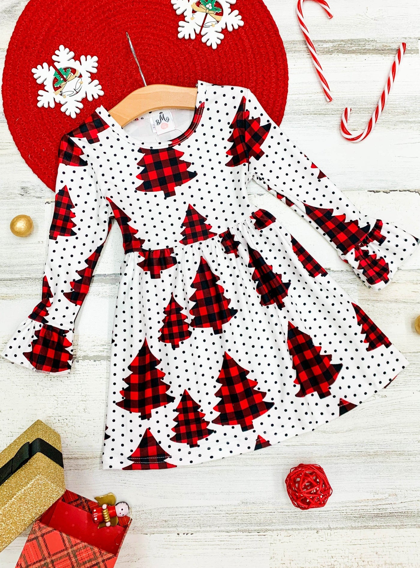 Toddler Winter Clothes | Girls Plaid Christmas Tree Polka Dot Dress