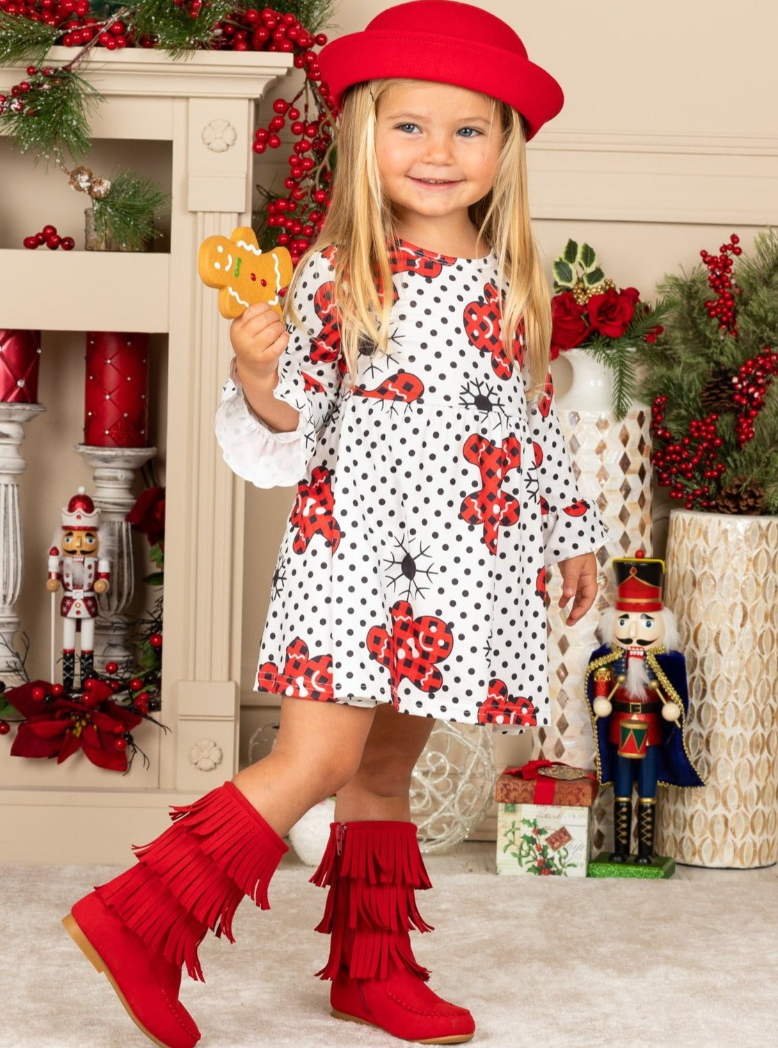 Christmas Dresses | Girls Flared Polka Dot Gingerbread Print Dress ...