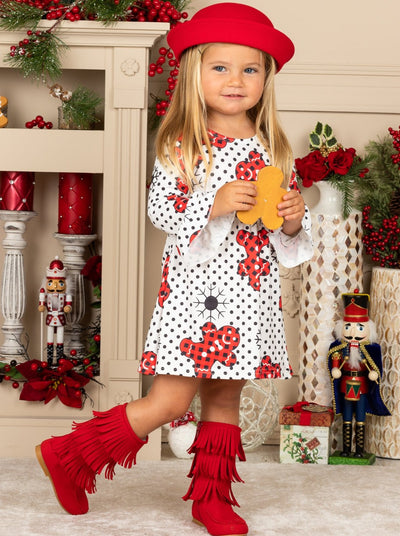 Christmas Dresses | Girls Flared Polka Dot Gingerbread Print Dress