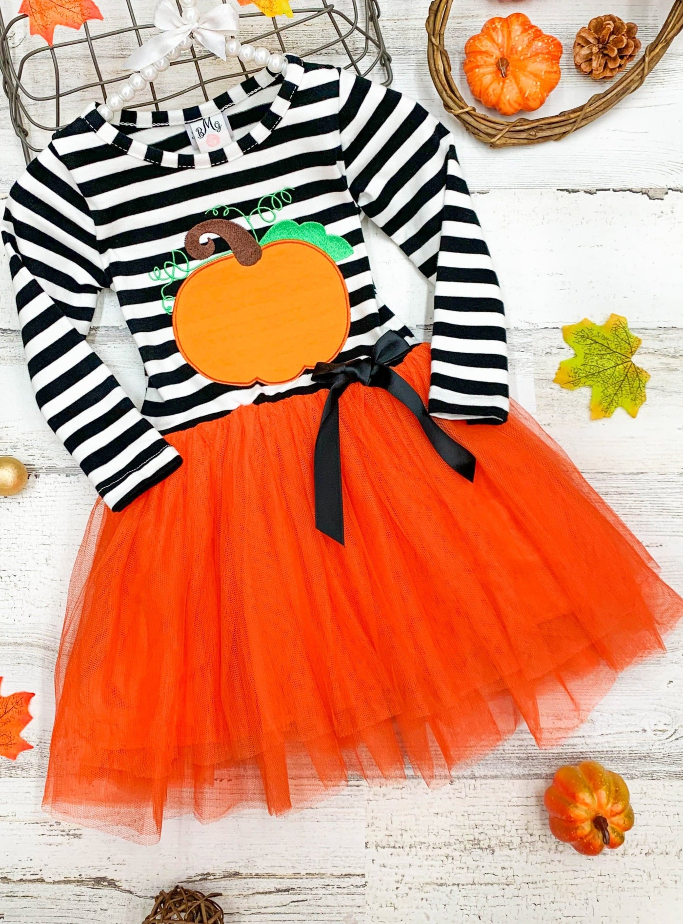Little girls Halloween long-sleeve tutu dress with striped bodice, applique pumpkin, and gathered tulle skirt and satin bow finish - Mia Belle Girls