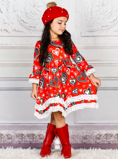 Toddler Valentine's Clothes | Girls Heart Pattern Lace Trim Dress