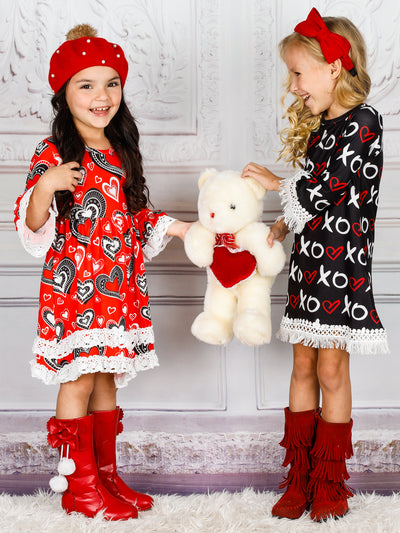 Toddler Valentine's Clothes | Girls Heart Pattern Lace Trim Dress