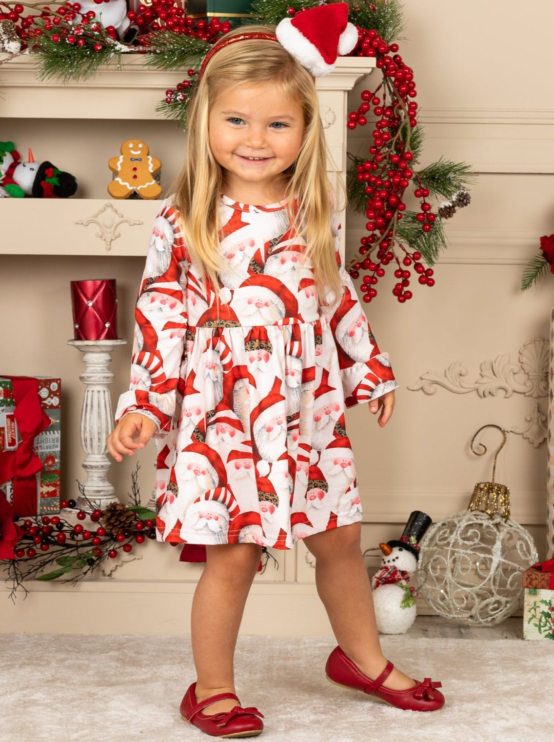 Girls Christmas Themed Santa Print Long Bell Sleeve Dress