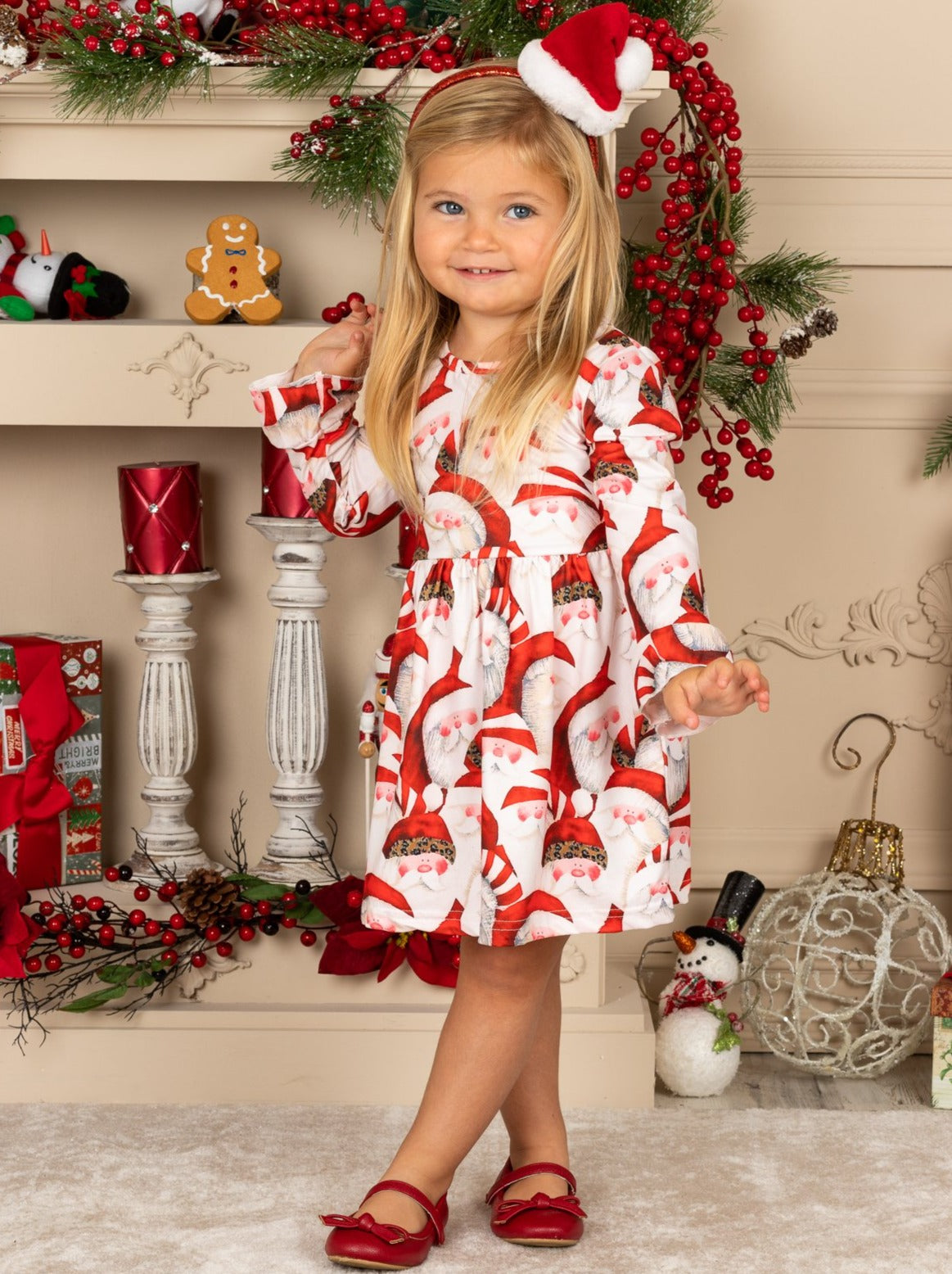 Girls Christmas Themed Santa Print Long Bell Sleeve Dress