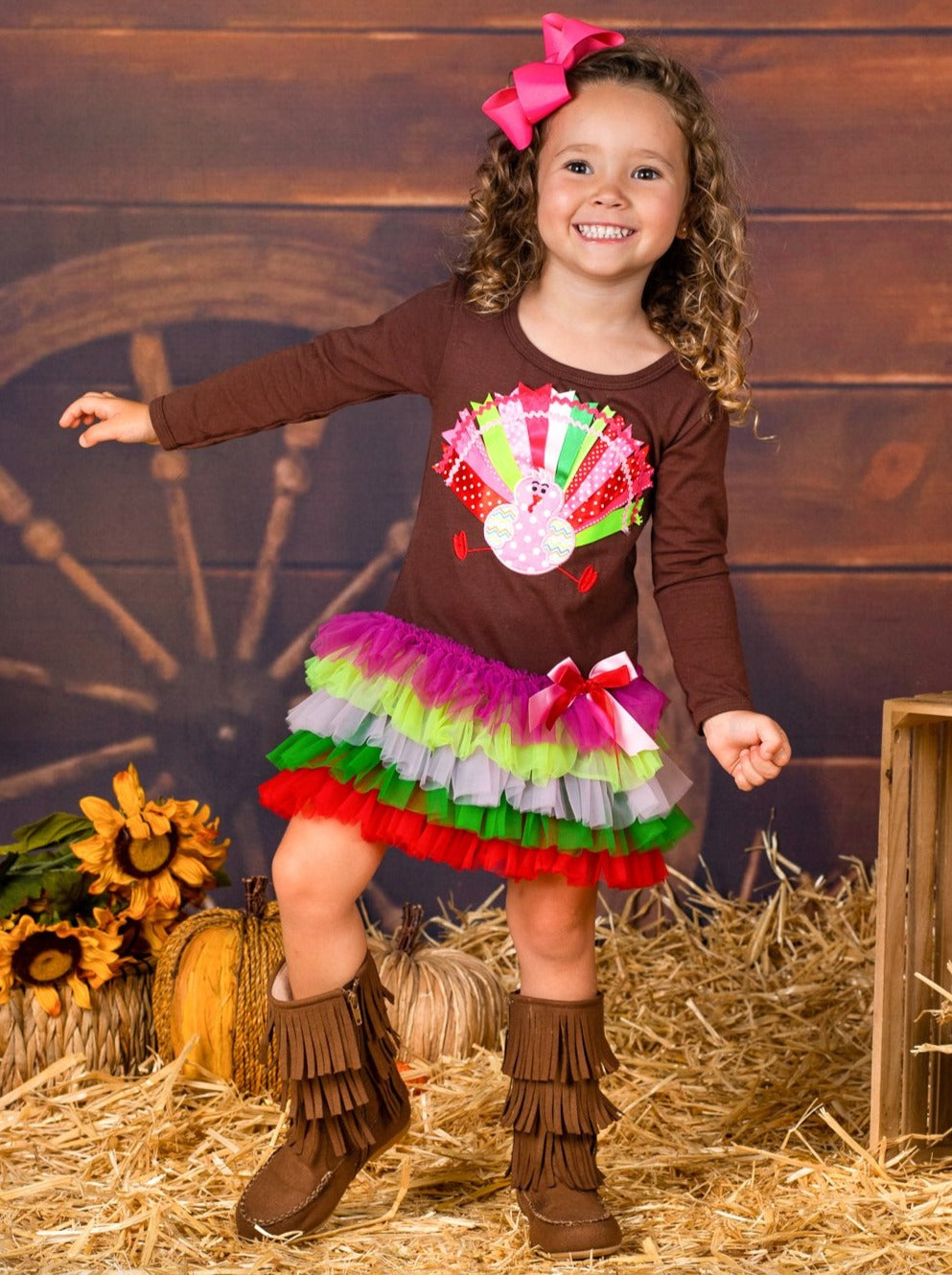 Girls Thanksgiving Themed Long Sleeve Turkey Ruffled Tutu Dress