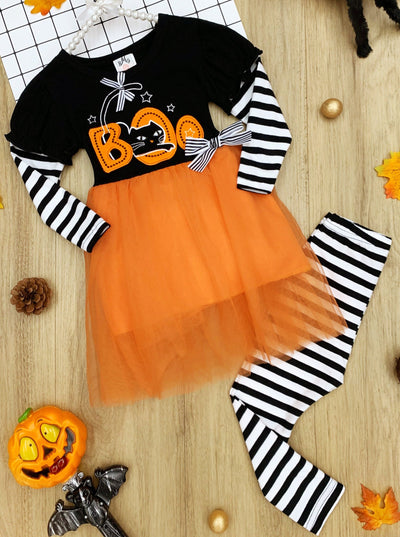 Girls Halloween long striped sleeve tutu tunic with "Boo" cat applique bodice, tulle overlay skirt, and matching striped leggings - Mia Belle Girls