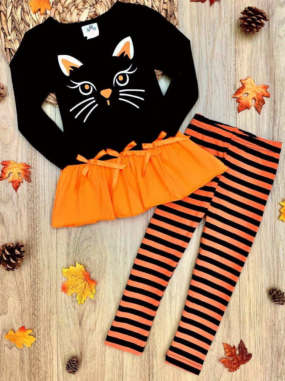 Girls Halloween Themed Long Sleeve Kitty Tunic with Ruffled Hem & Bows & Striped Legging Set