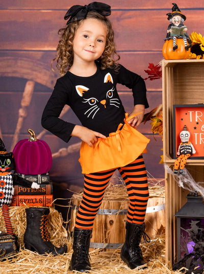 Girls Halloween Themed Long Sleeve Kitty Tunic with Ruffled Hem & Bows & Striped Legging Set