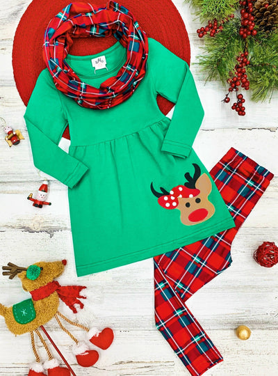 Girls Green ruffled tunic Rudolph applique red plaid legging scarf set  2T-10Y