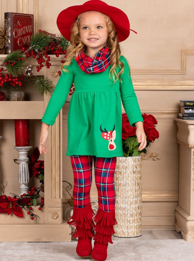 Girls Green ruffled tunic Rudolph applique red plaid legging scarf set 2T-10Y