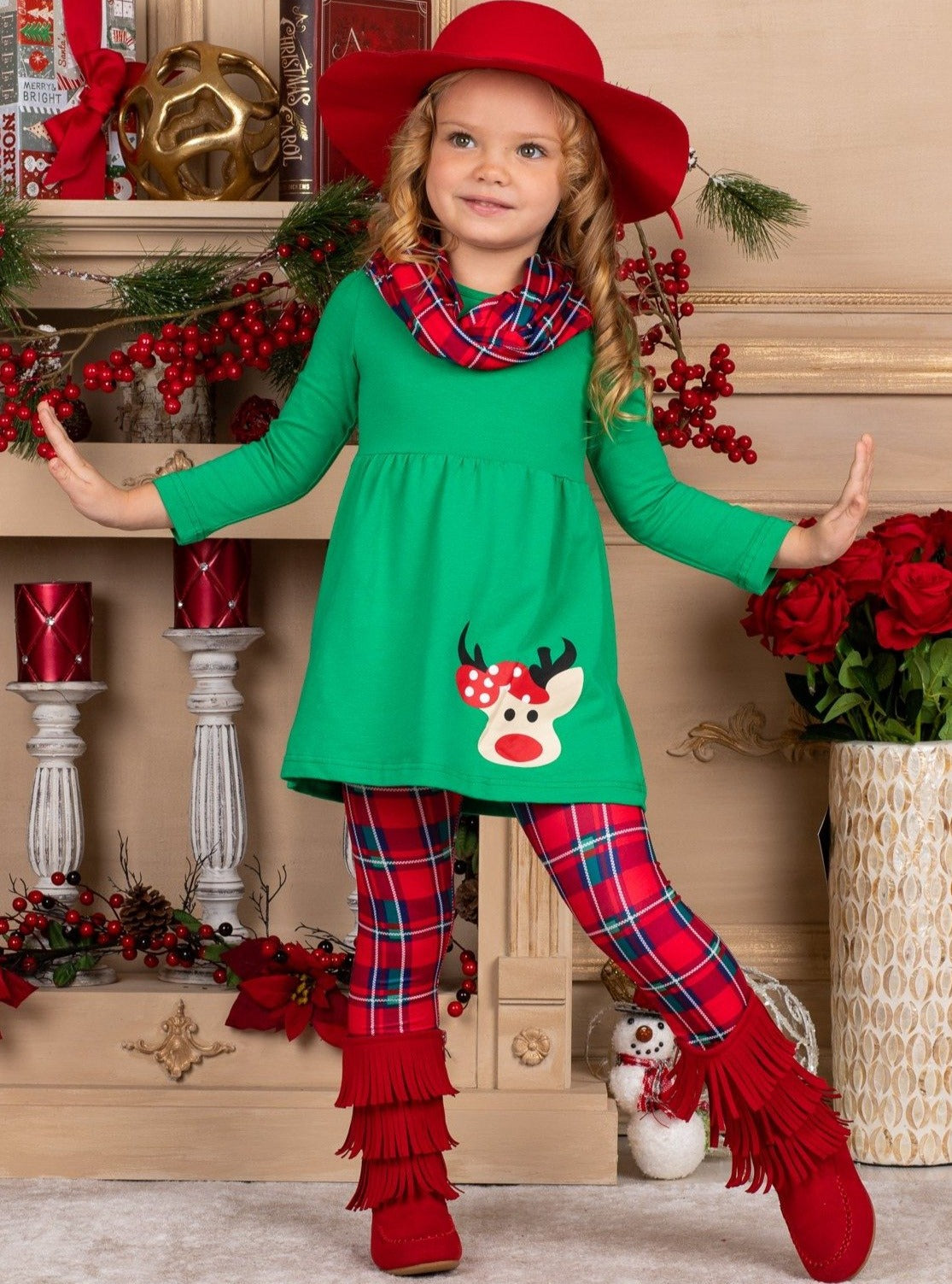 Girls Green ruffled tunic Rudolph applique red plaid legging scarf set 2T-10Y