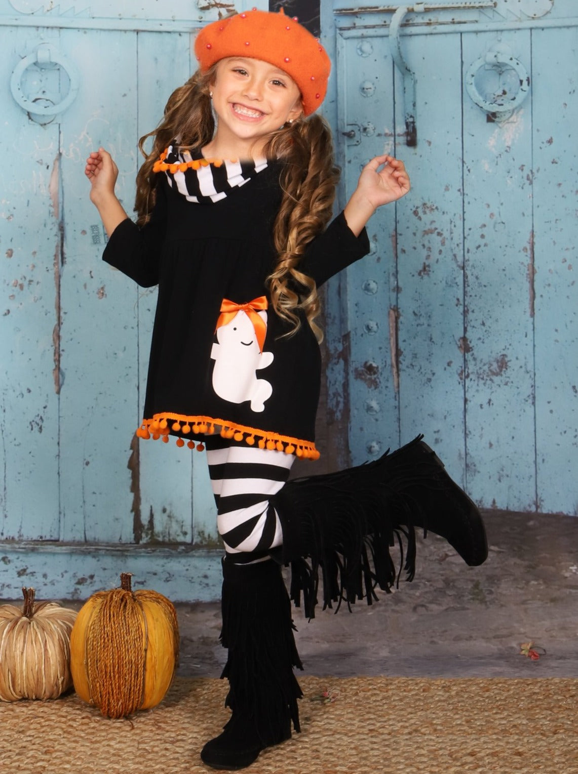 Girls Halloween Themed Ghost Long Sleeve Pom Pom Tunic, Striped Leggings And Scarf Set