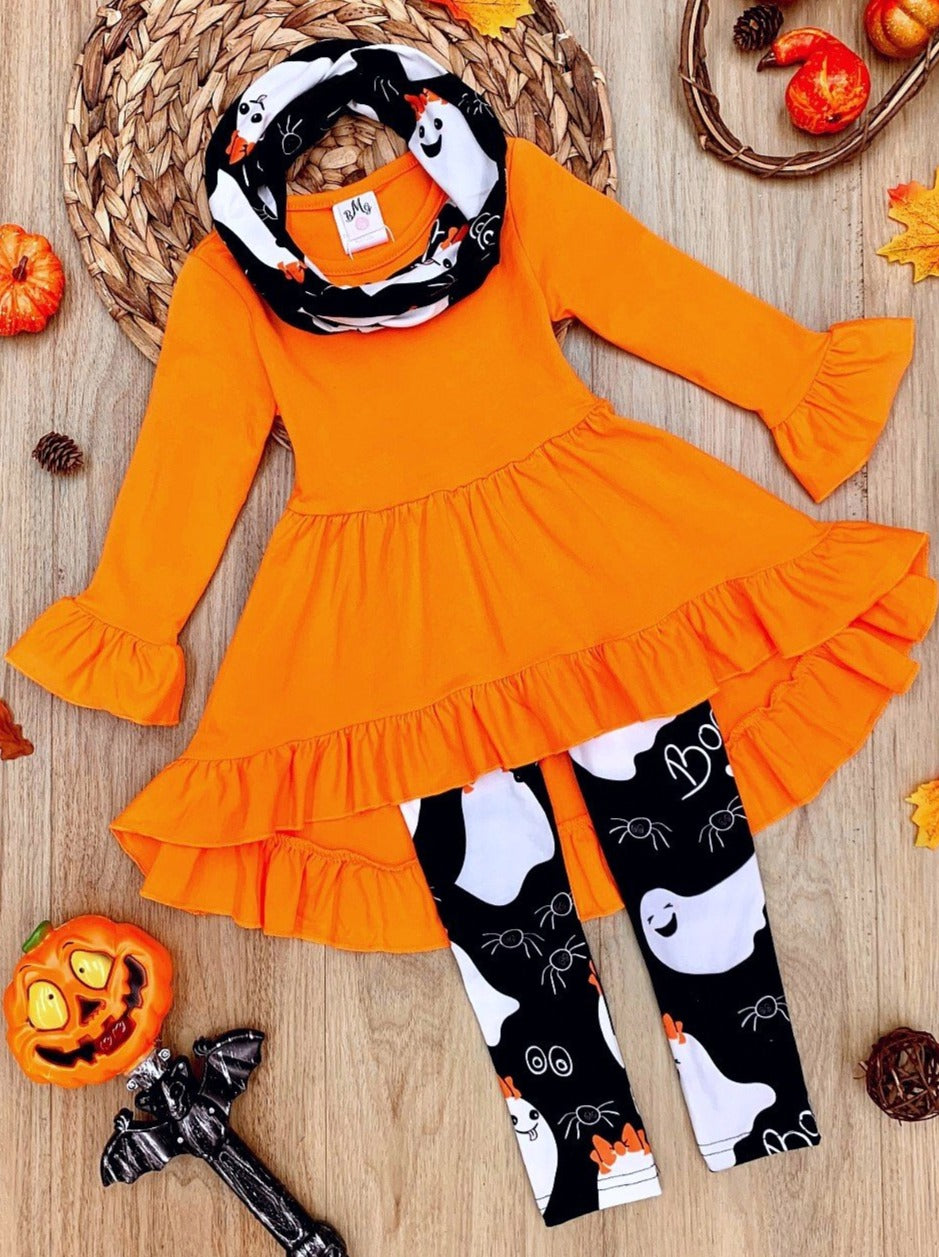 Girls Halloween Themed Long Sleeve Ruffled Tunic Ghost Print Leggings ...