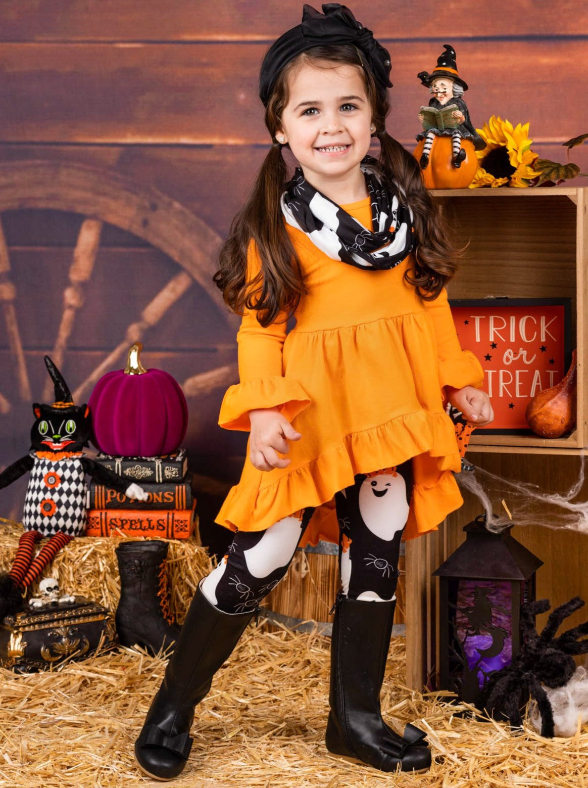 Girls Halloween Themed Long Sleeve Ruffled Tunic Ghost Print Leggings & Scarf Set - Orange / XS-2T - Girls Halloween Set