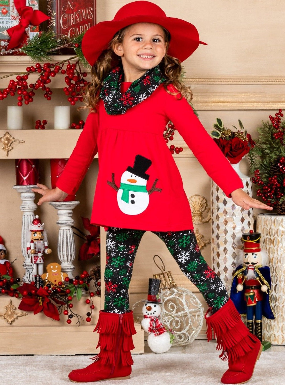 Girls Long Sleeve Snowman Applique Tunic Snowflake Print Leggings & Scarf Set - Red / 4XL-10Y - Girls Christmas Set