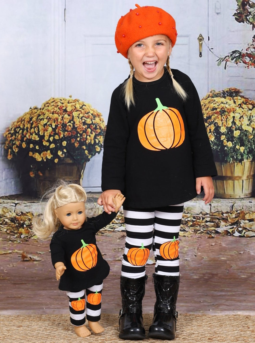 Girls Halloween Themed Long Sleeve Pumpkin Top And Striped Legging Set with Matching Doll Set