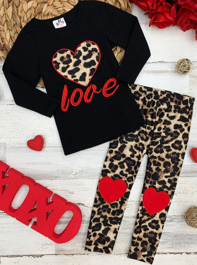 Girls Valentine's Outfit | Leopard Print Top & Heart Patch Legging Set