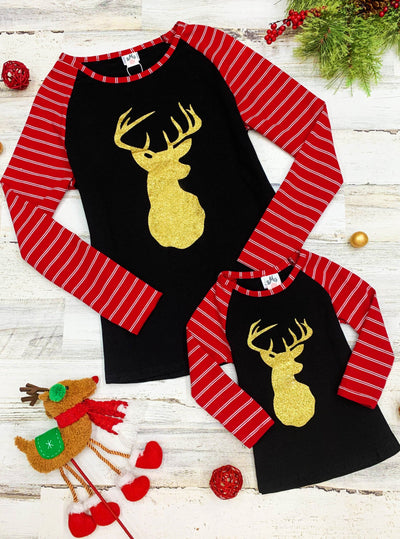 Mommy and Me Winter Tops | Glittering Gold Reindeer Striped Raglan Top