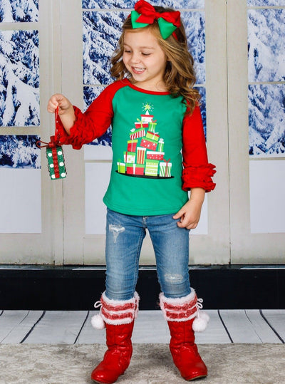 Girls Christmas Themed Long Ruffled Sleeve Raglan Top - Holiday Graphic Top