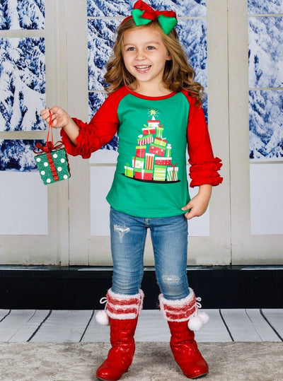 Girls Christmas Themed Long Ruffled Sleeve Raglan Top - Holiday Graphic Top