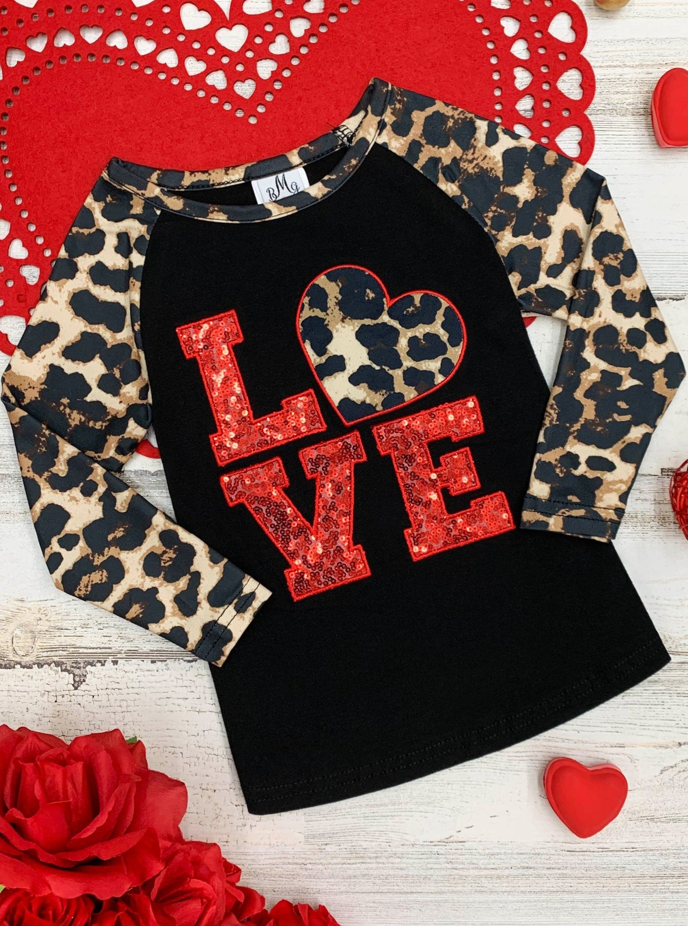 Toddler Valentine's Day Top | Girls Leopard Raglan Sequin Love Top