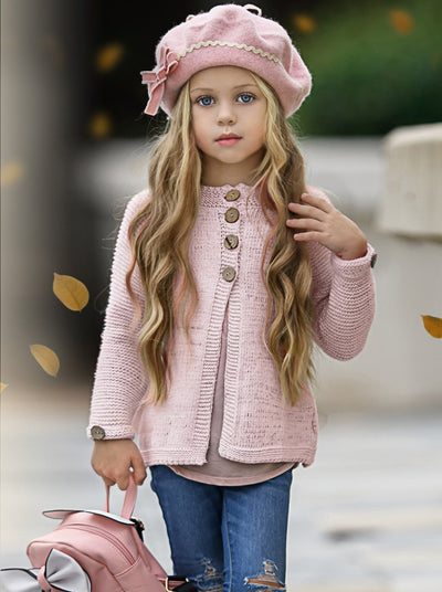 Kids Sweaters & Cardigans | Pink Button Knit Cardigan | Mia Belle Girls