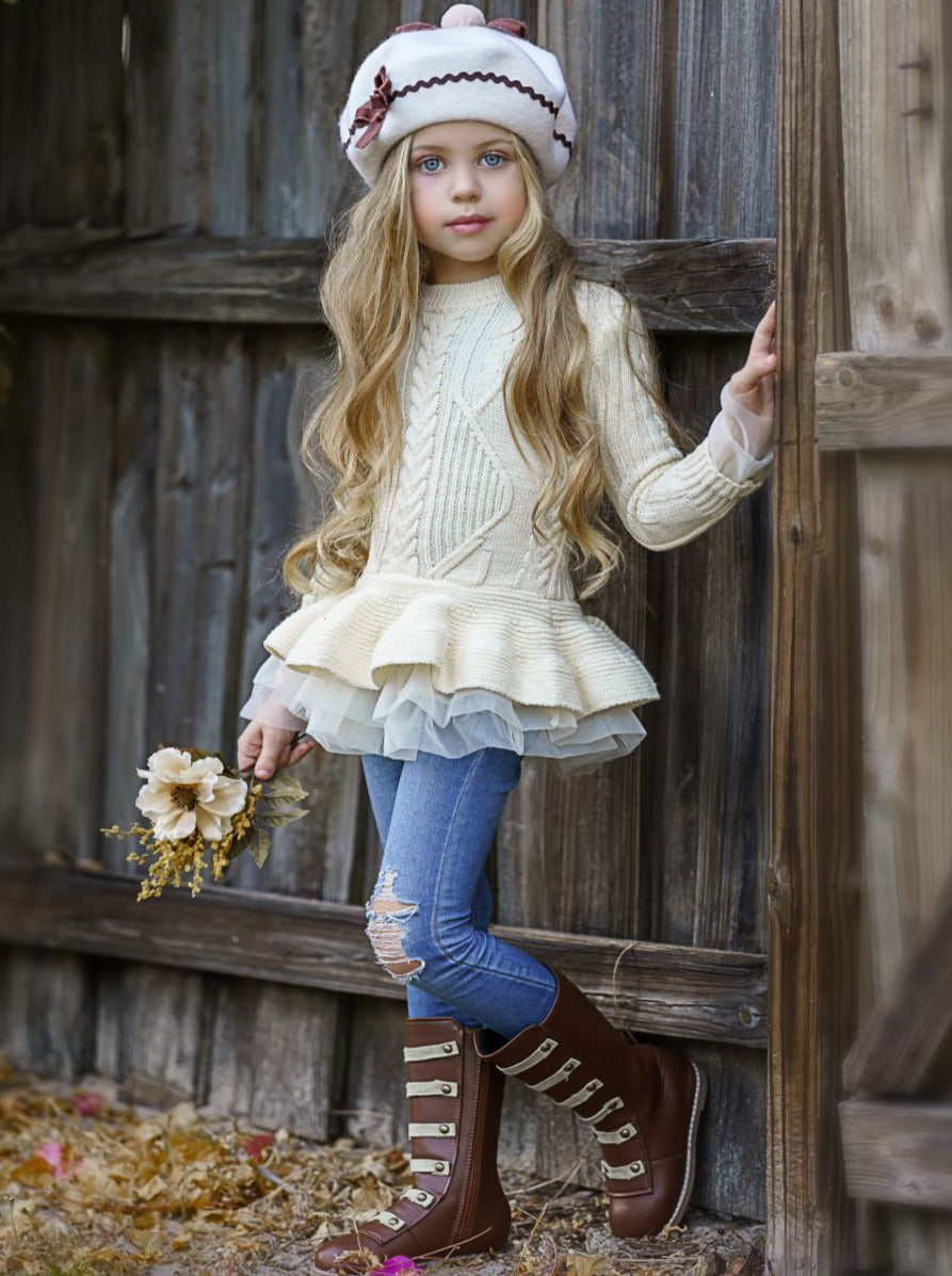 Cute Girls Sweaters | Cable Knit Peplum Tutu Sweater - Mia Belle Girls