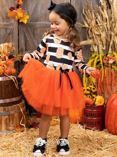 Little girls Fall long-sleeve tutu dress with pumpkin striped print bodice and gathered tulle skirt embellished with a ribbon bow - Mia Belle Girls