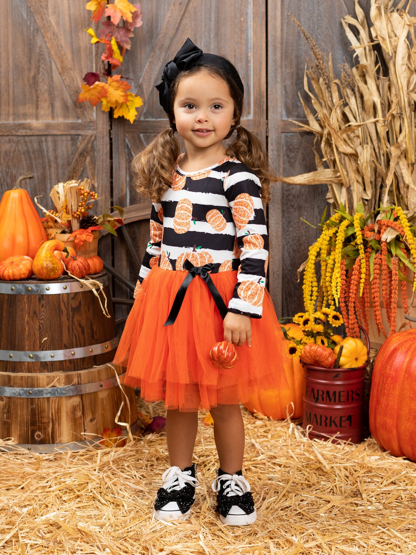 Girls Fall Dress | Pumpkin Print Striped Tutu Dress - Mia Belle Girls