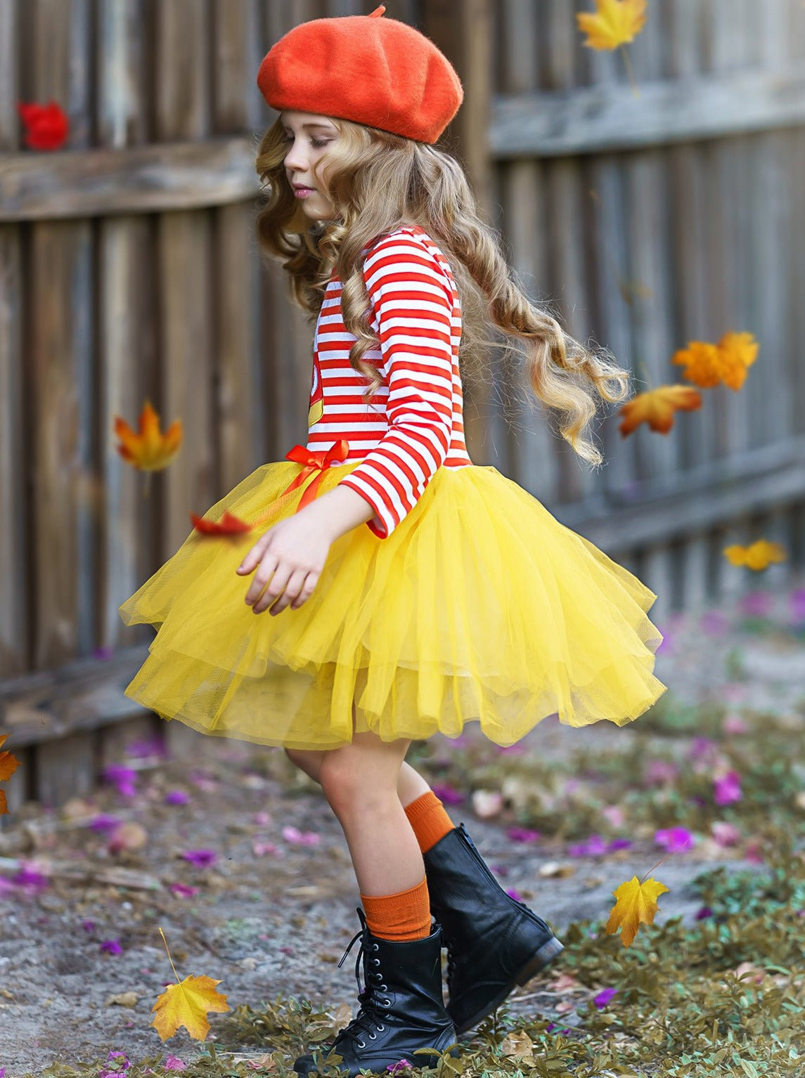 Little girls Halloween long-sleeve tutu dress with striped print bodice, candy corn applique, and gathered tulle skirt embellished with a ribbon bow - Mia Belle Girls