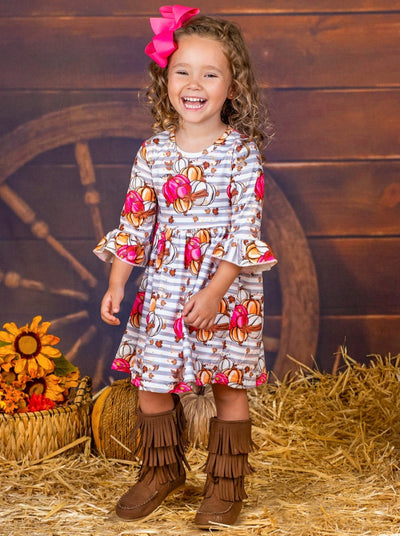 Girls Pumpkin Print Ruffle Sleeve Dress  | Mia Belle Girls