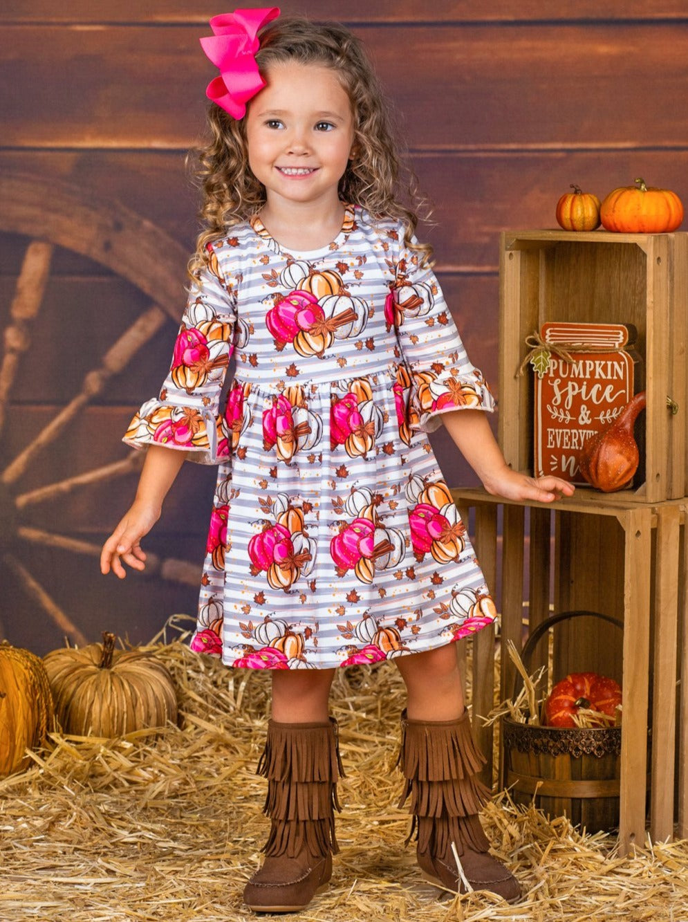 Girls Pumpkin Leaves Print Ruffled Sleeve Dress